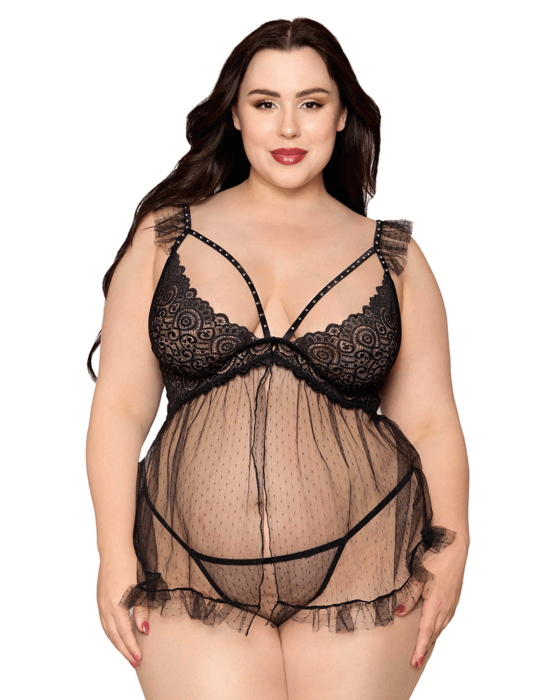 Babydoll grande taille noir et string assorti - DG13694XBLK