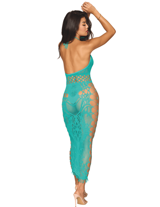 Robe longue résille fantaisie turquoise - DG0524AGA