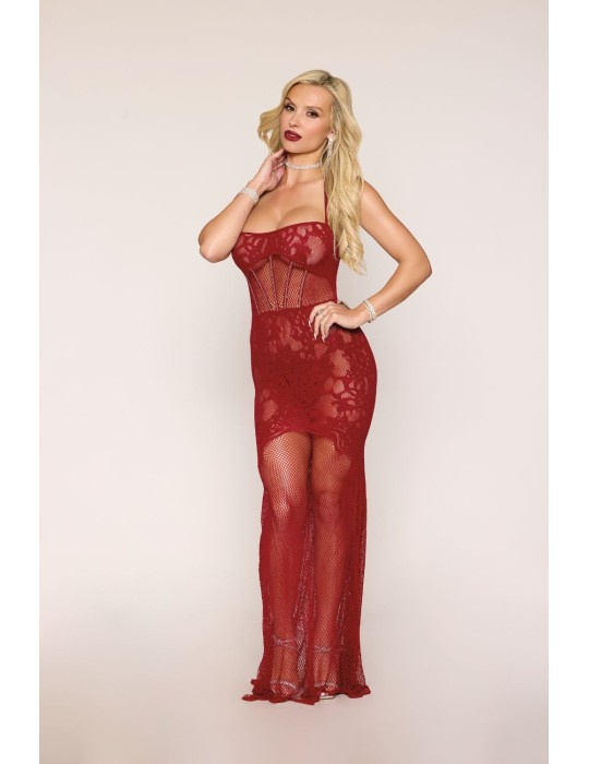 Nuisette longue en résille rouge - DG0487RED