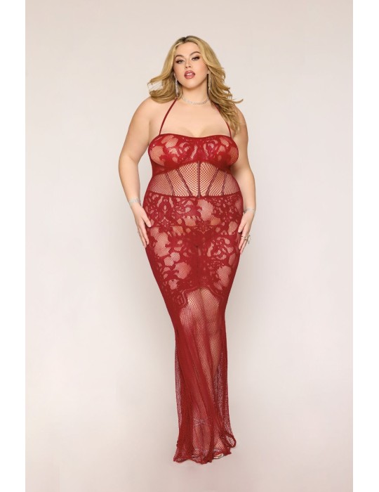 Nuisette longue grande taille en résille rouge - DG0487XRED