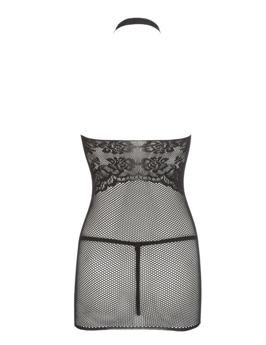 Petite robe en résille noire, sans couture, avec dentelle sur la poitrine. String assorti - R27167551101