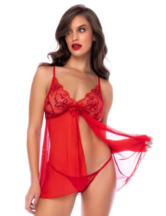 Babydoll rouge et string assorti - MAL7559RD