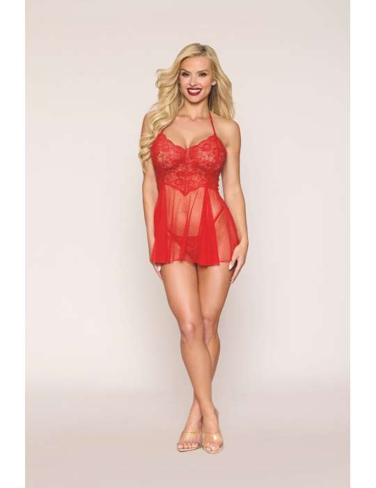 Nuisette rouge en résille et dentelle florale, string assorti - DG13524RED