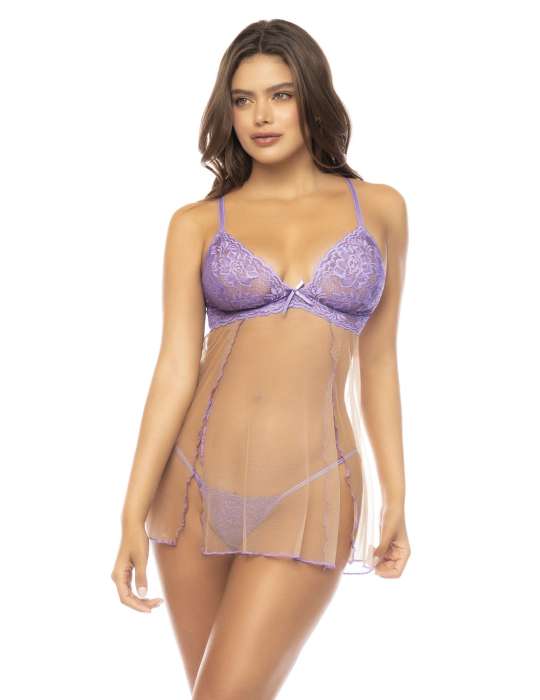 Babydoll couleur lavande et chair Verona, en dentelle et résille transparente - MAL7540LLCN