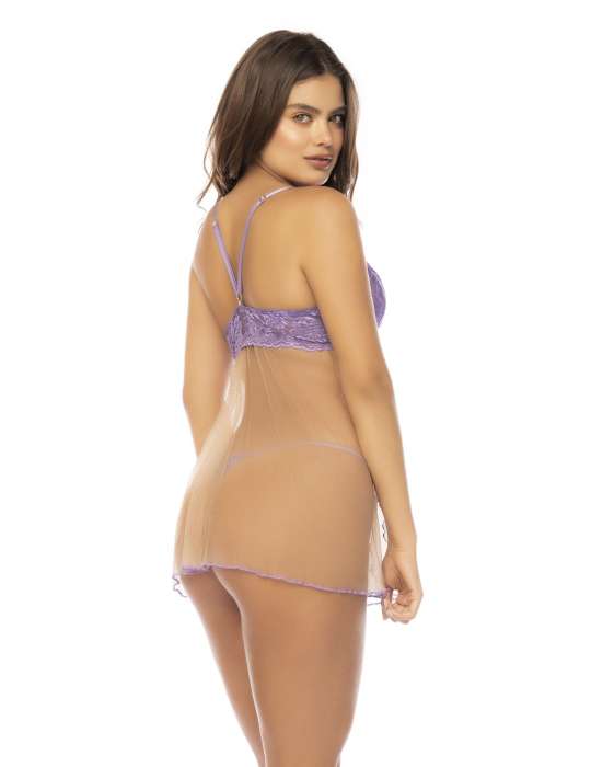 Babydoll couleur lavande et chair Verona, en dentelle et résille transparente - MAL7540LLCN