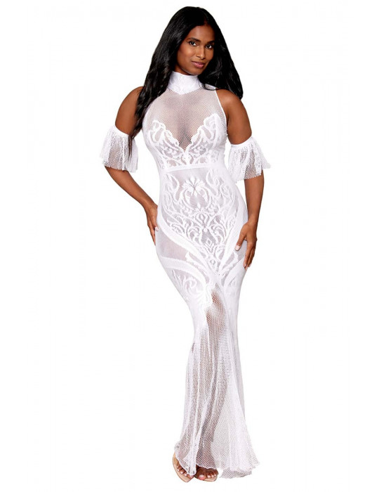 Robe bodystocking en résille et dentelle blanche - DG0490WHT