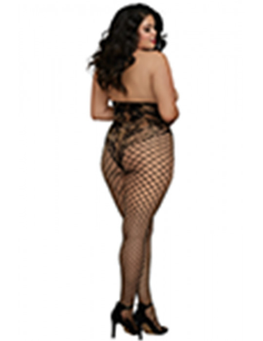 Combinaison grande taille style body dentelle et jambes larges résilles - DG0268XBLK