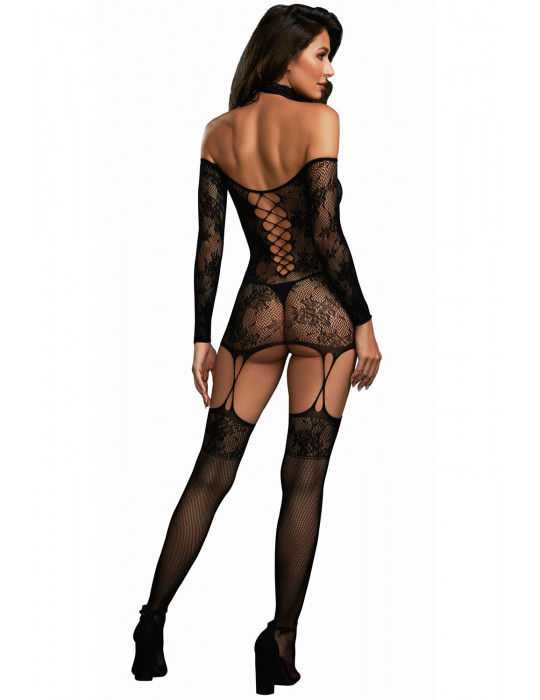 Bodystocking résille guêpière réversible avec tour de cou - DG0318BLK