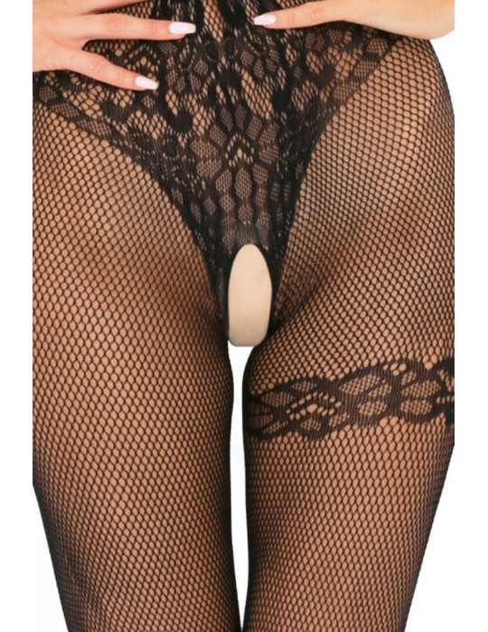 Bodystocking noir résille effet body string et jarretière - REN7063-BLK