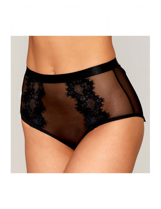 Culotte en résille et dentelle noire avec jarretelles roses - DG1485BLK