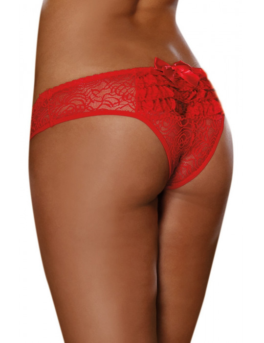 Tanga ouvert rouge dentelle avec noeud sur les fesses - DG1300RED