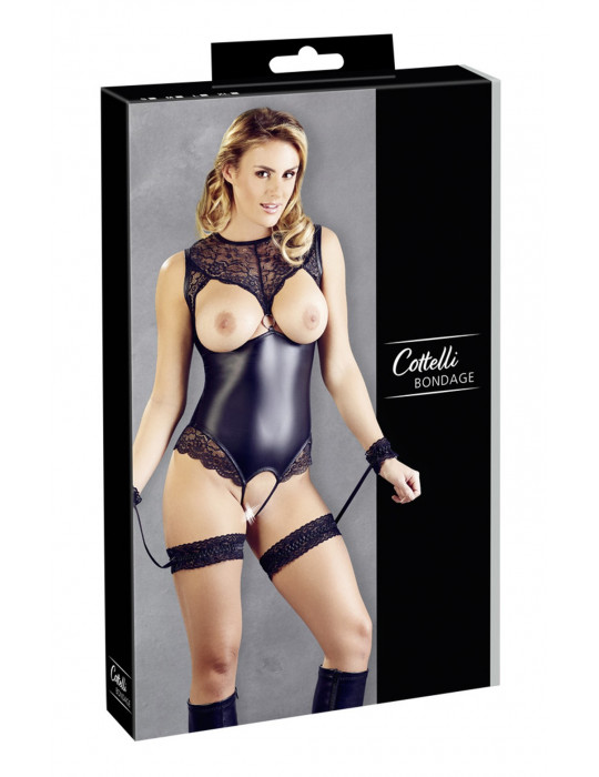 Body en dentelle et simili cuir ouvert avec menottes -  OR2642239BLK