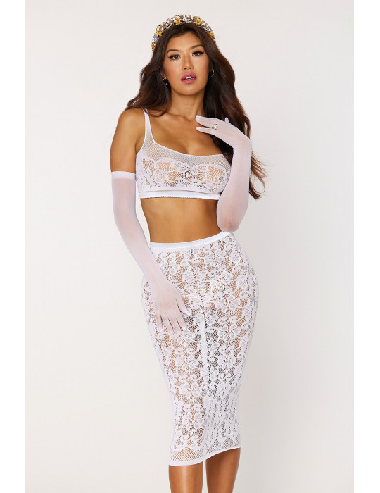 Ensemble 2 pièces, brassière résille fantaisie et jupe longue assorti - DG12921WHT