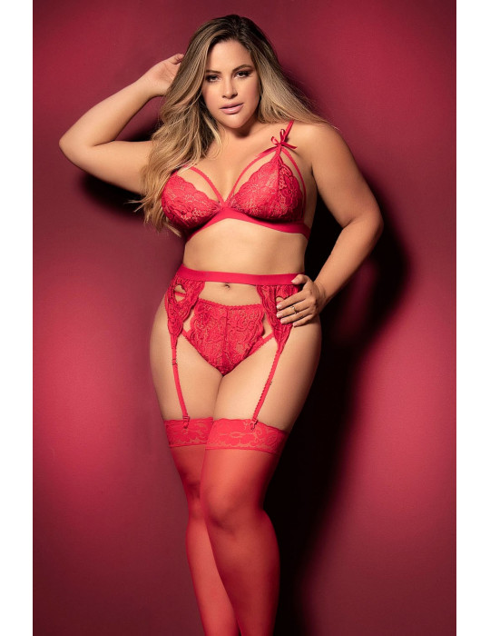 Ensemble 3 pièces rouge grande taille  soutien-gorge string porte-jarretelles - MAL8221XRED