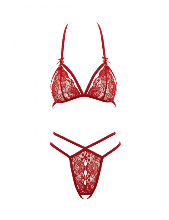 Soutien-gorge en dentelle rouge avec bonnets détachables et string - R221125430