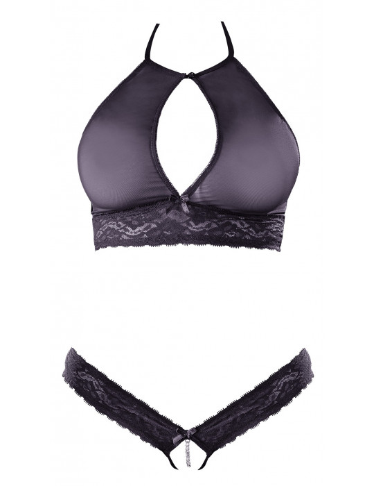 Soutien-gorge bandeau, en dentelle et résille noire et string ouvert - R2213648