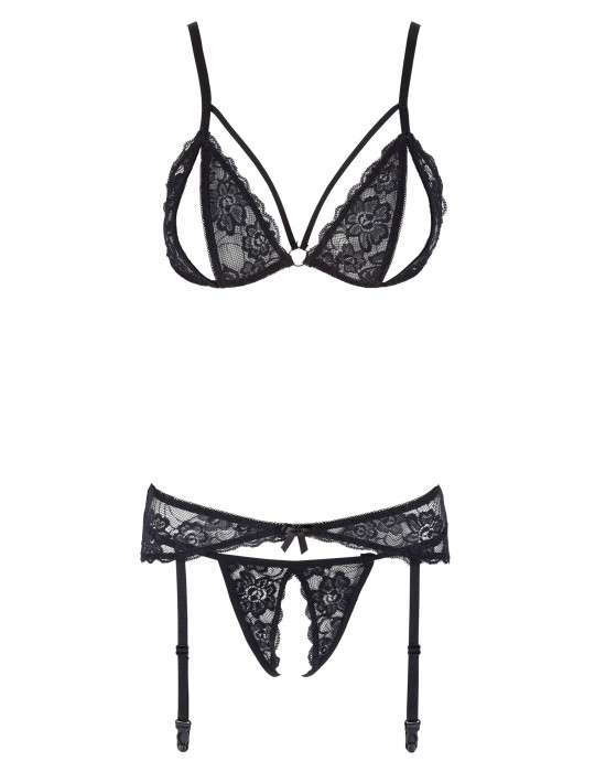 Ensemble trois pièces avec soutien-gorge fendu, porte-jarretelles et string noir - R2230348