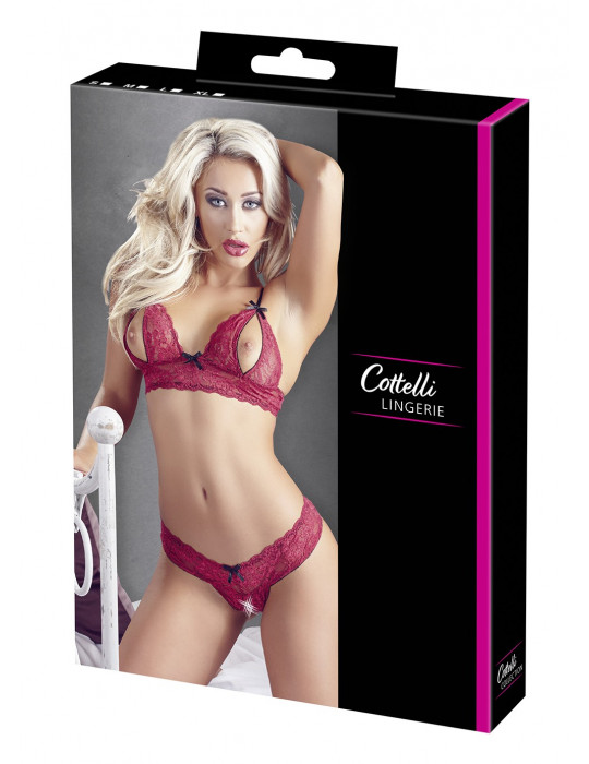 Soutien-gorge, bonnets ouverts, en dentelle rouge et string assorti - R2212447