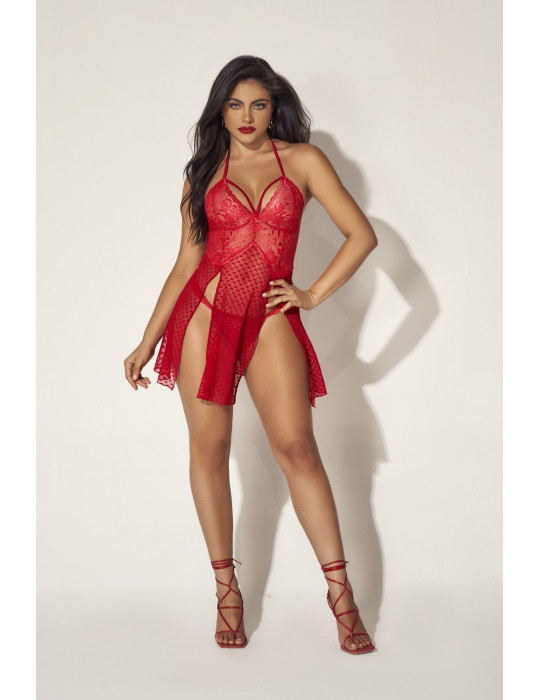 Nuisette dos nu en dentelle rouge et fine résille avec string assorti  - MAL7506RED