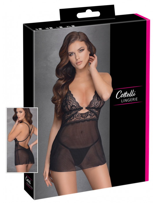 Nuisette noire en dentelle et résille transparente avec string - R2741334