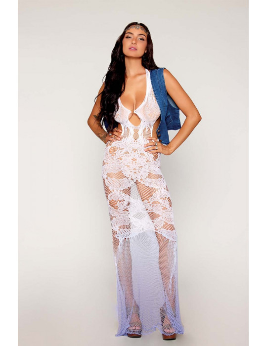 Robe bodystocking blanche sans couture avec motif de dentelle personnalisé et motifs en résille - DG0491WHT