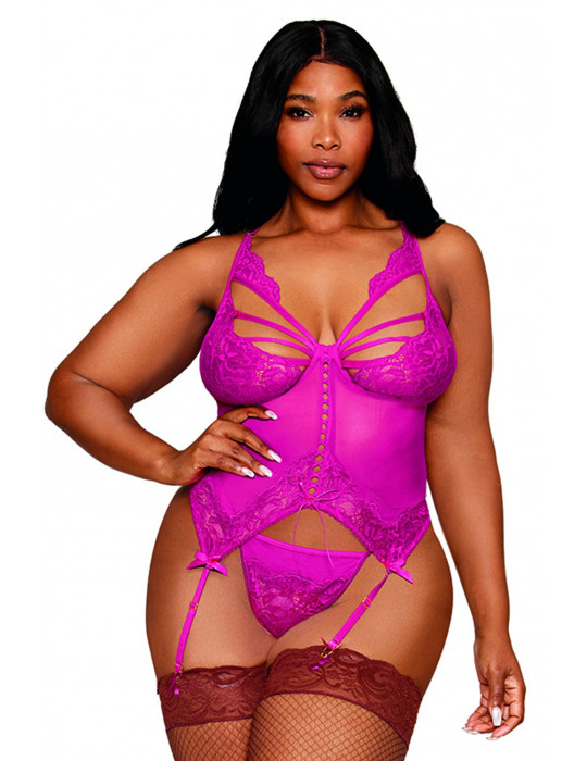 Bustier porte jarretelles grande taille rose avec string - DG13283XBEE