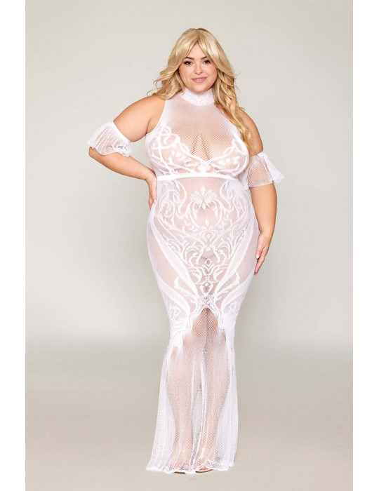 Robe bodystocking, grande taille, en résille t dentelle blanche - DG0490XWHT