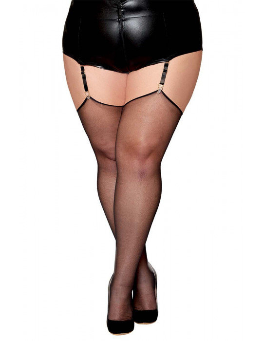 Bas noir, grande taille, en résille transparente avec couture arrière  - DG0492XBLK