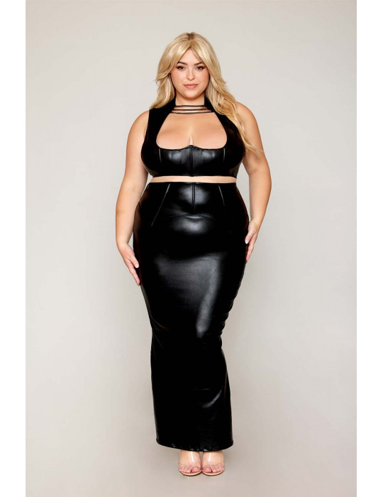 Ensemble Soutien-gorge et jupe longue, grande taille, noir en simili cuir - DG13198XBLK