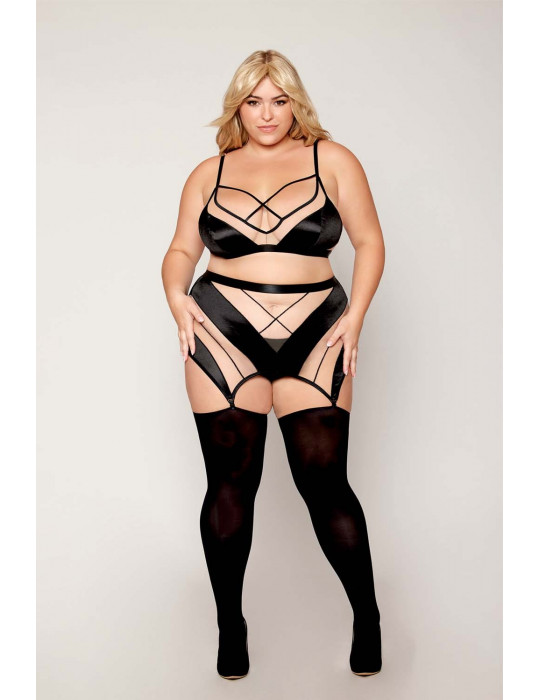 Ensemble grande taille avec Soutien-gorge, jupe porte-jarretelles, string  - DG13377XBLK