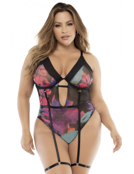 Body noir, grande taille, imprimé fleurs exotiques - MAL8774XPRT