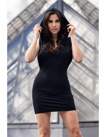 Robe noire sensuelle avec capuche et bandeau poitrine Adriana - LDP2BLK