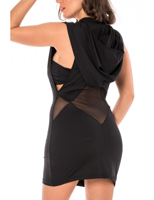 Robe noire sensuelle avec capuche et bandeau poitrine Adriana - LDP2BLK