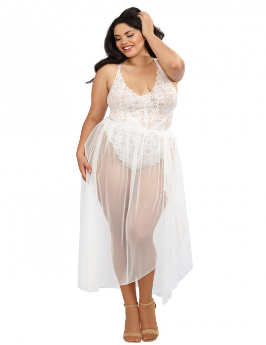 Body string grande taille blanc échancré dentelle avec jupe de maille transparente amovible - DG10996XWHT