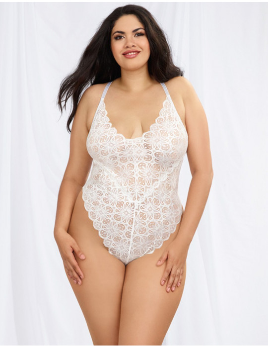 Body string grande taille blanc échancré dentelle avec jupe de maille transparente amovible - DG10996XWHT