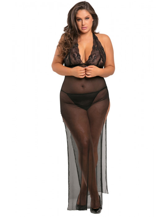 Nuisette longue grande taille fendue transparente - REN51004X-BLK