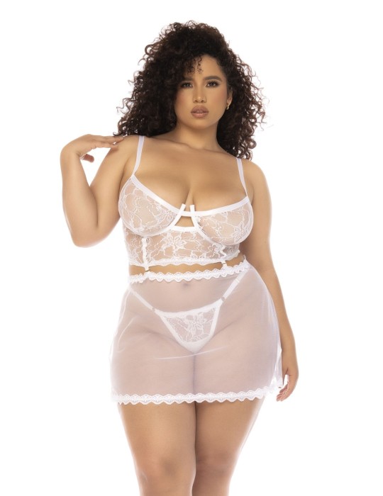 2 en 1 Nuisette et ensemble 2 pièces grande taille en dentelle et résille transparente - MAL7544XWHT