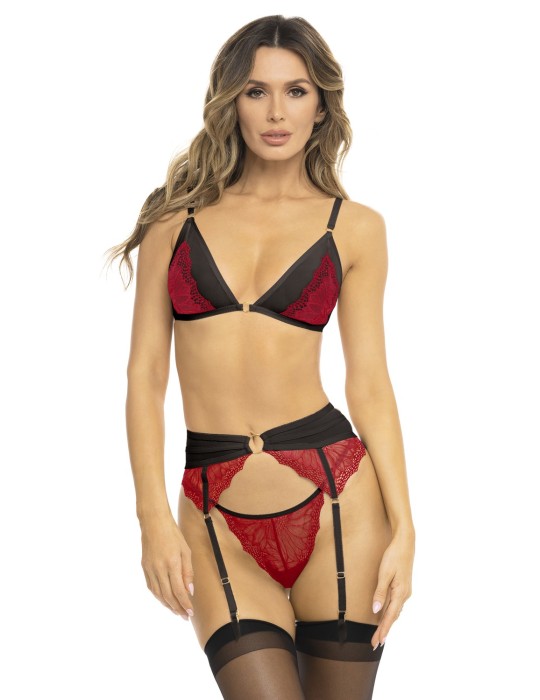 Ensemble 3 pièces rouge, soutien gorge, porte jarretelles et string - REN53037-RED