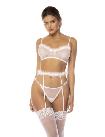 Ensemble 3 pièces blanc Emmie, soutien gorge, porte jarretelles avec fausse fourrure et string assorti - MAL8841WHT