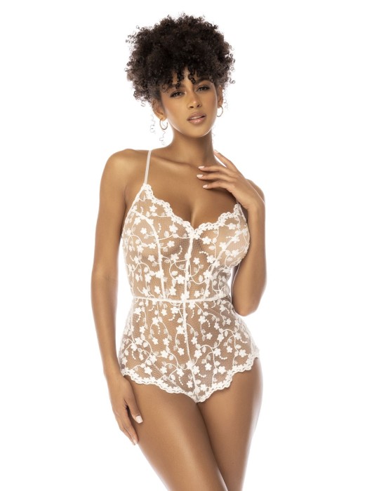 Body blanc transparent Celina avec dentelle brodée florale, bretelles ajustables - MAL7543STWT