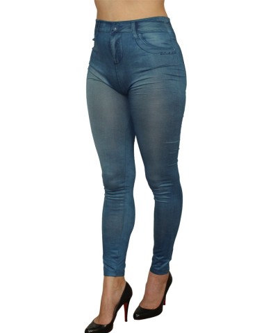 Legging bleu style jean moulant avec impressions sur poches - FD1018