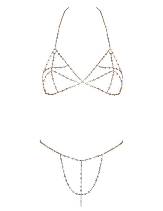 Soutien-gorge et string bijoux en chaînettes dorées et strass irisés - R24505186001