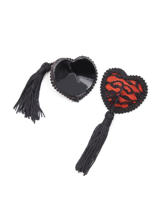 Paire de cache tétons adhésifs en forme de cœur avec dentelle noire et pompom - NP-0077