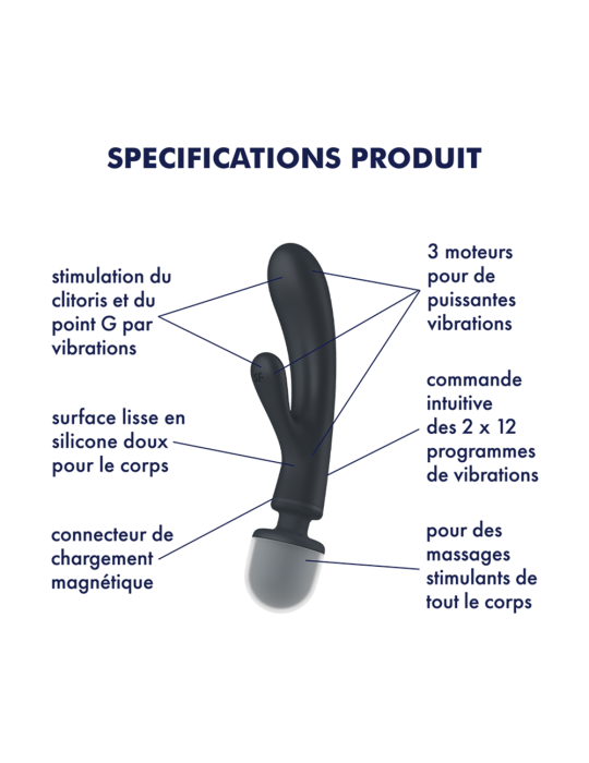 2 en 1 Vibromasseur rabbit et wand noir USB Triple Lover Satisfyer - CC597825